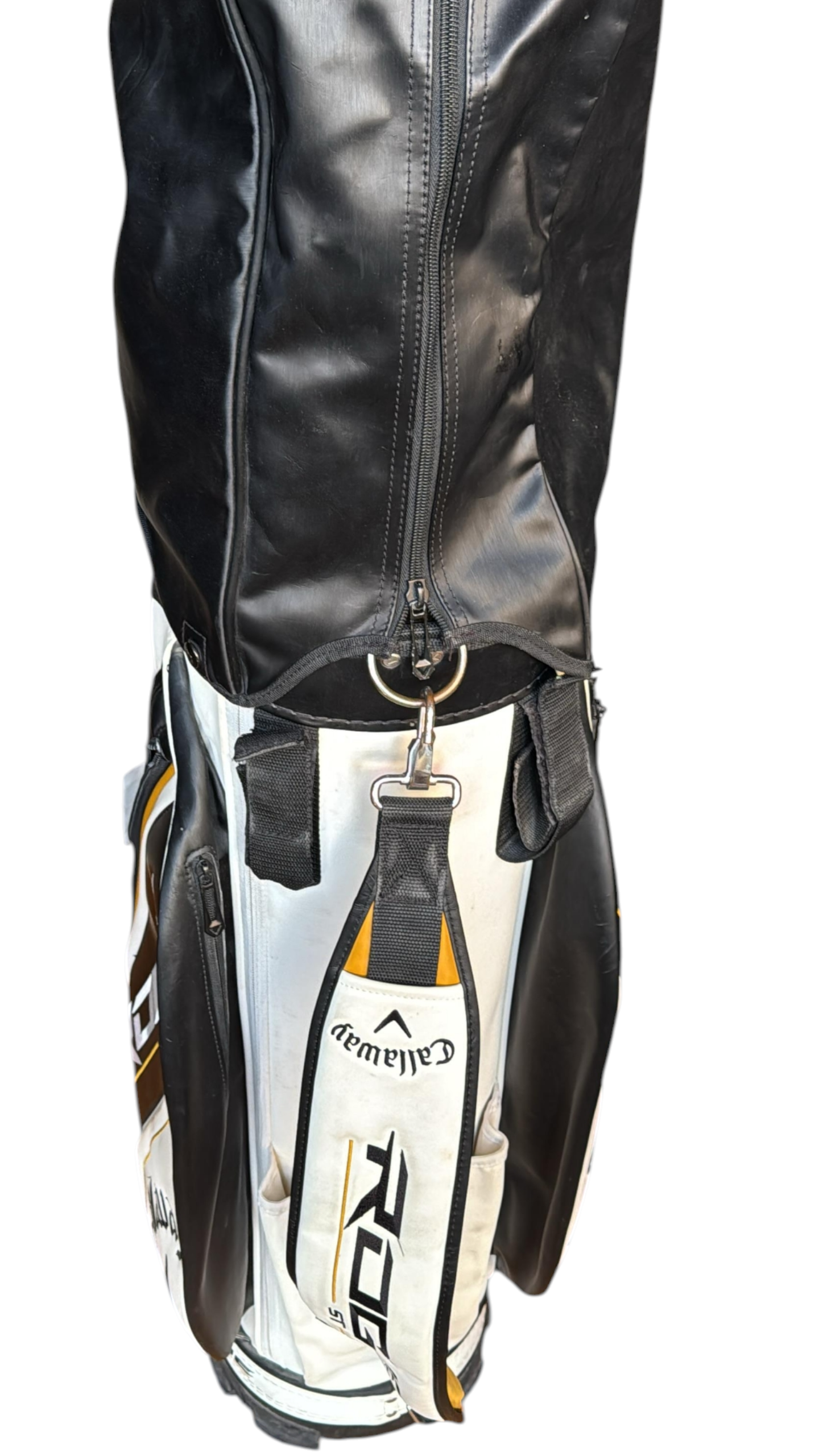 Callaway Rogue ST Tour Golf Bag in a White, Black, and Gold colorway, Pre-Owned